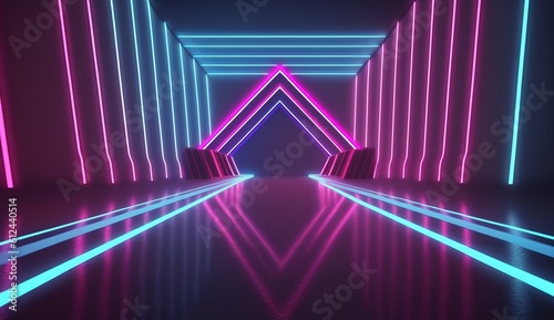 Abstract neon background with 3D render with pink, blue, and purple neon lines rising and shining in the UV range. Generative Ai.