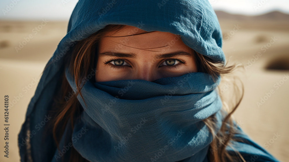 Beautiful woman is wearing a blue hijab in the desert. Generative AI