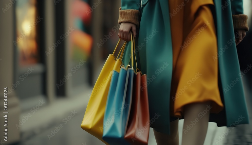 Woman strolling along the street with shopping bags in her close-up hand. Generative Ai. Woman strolling along the street with shopping bags in her close-up hand. Generative Ai.