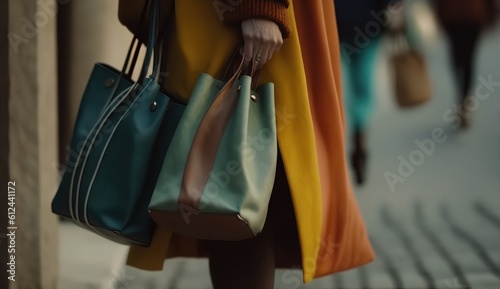 Woman strolling along the street with shopping bags in her close-up hand. Generative Ai.