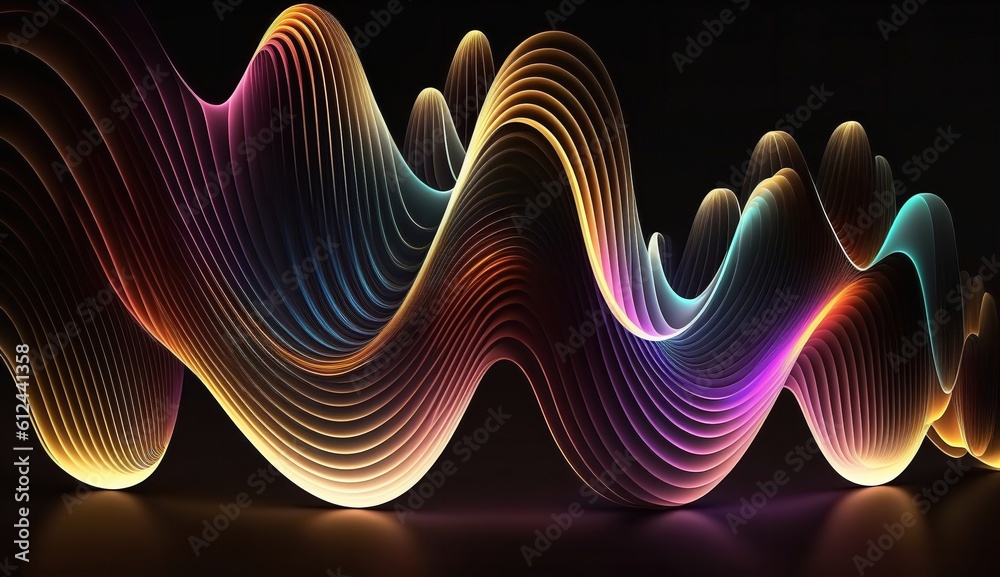 Fototapeta premium 3D rendering, abstract neon neon wavy line background flashing in the dark. Contemporary plain wallpaper. Generative Ai.