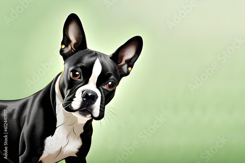 Boston Terrier on light green background