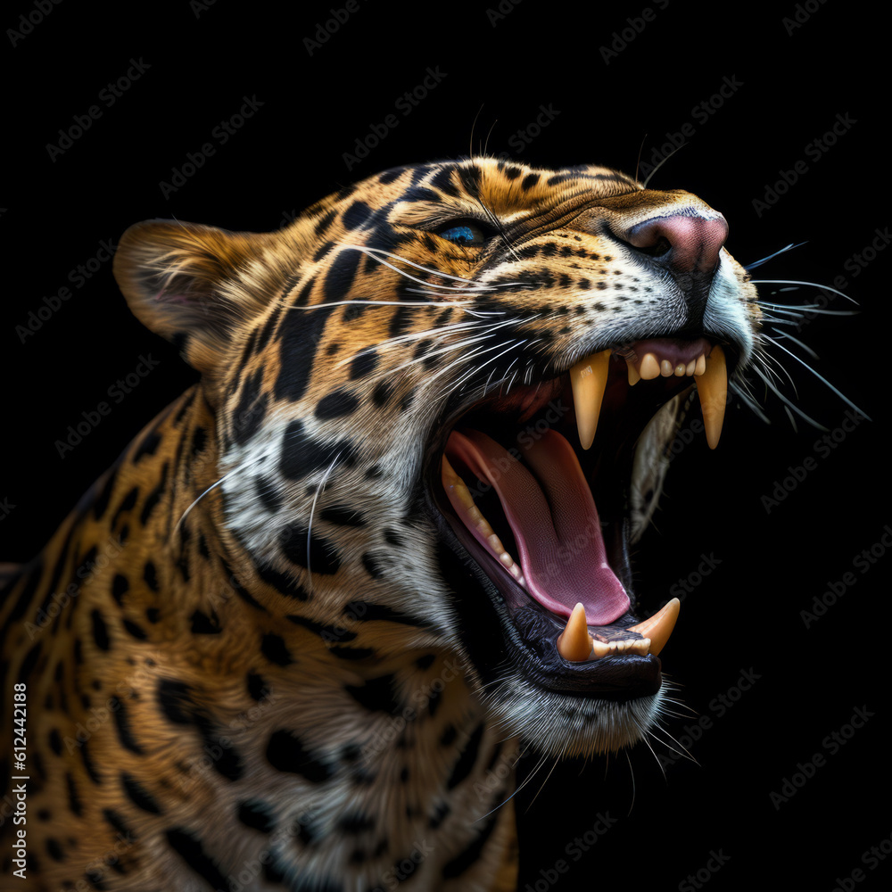 Obraz premium close up of jaguar roaring on black background.