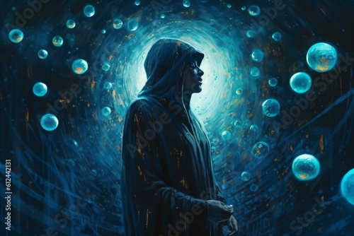 illustration of a magician in black robe created with Generative AI technology