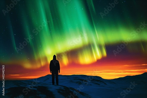 man admires the play of the polar lights created with Generative AI technology