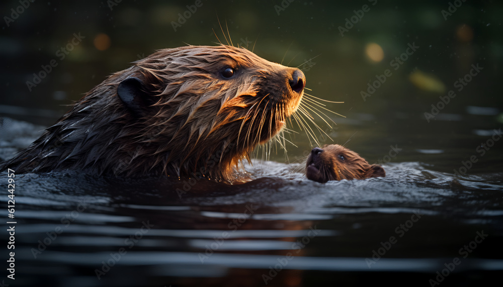 A heartwarming sight in the wild! 🌿💦❤️ Witness the love and bond between a mother beaver and her adorable baby as they gracefully swim in the river.