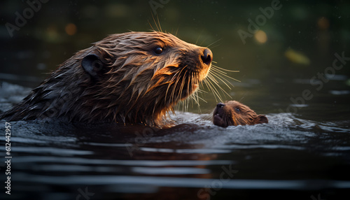 A heartwarming sight in the wild! 🌿💦❤️ Witness the love and bond between a mother beaver and her adorable baby as they gracefully swim in the river.