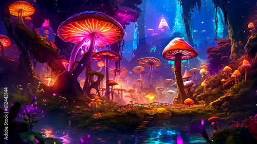 magical night glowing forest with mushrooms, made with Generative AI © edojob