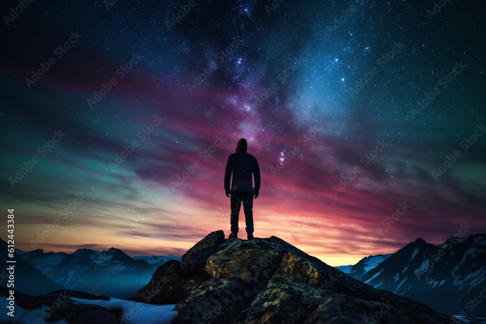 man on a rock watches the northern lights created with Generative AI technology