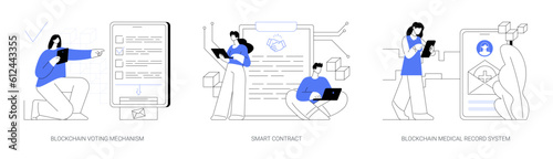 Blockchain technology applications abstract concept vector illustrations.