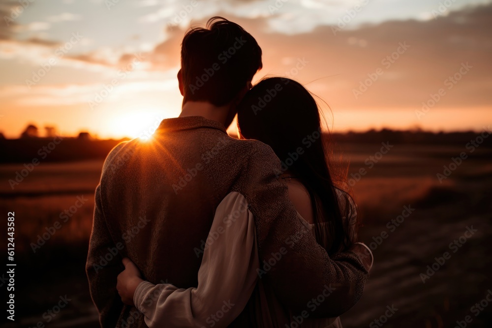 Close-up loving couple embracing and enjoying the sunset in the meadow.. Couple embracing. Sunset scene. Love, relationships concept Generative AI