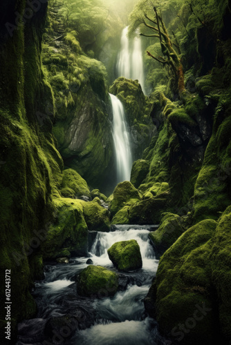 an awe-inspiring waterfall surrounded by moss-draped rocks and an abundance of lush greenery. Generative AI 