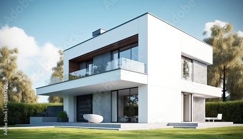 Modern house exterior day light with lawn grass.3d rendering © Eli Berr