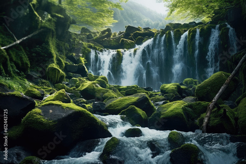 an awe-inspiring waterfall surrounded by moss-draped rocks and an abundance of lush greenery. Generative AI  © Landscape Planet