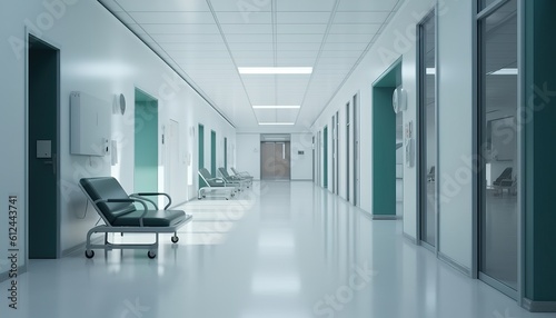Empty corridor in modern hospital with waiting area and hospital bed in rooms.3d rendering © Eli Berr