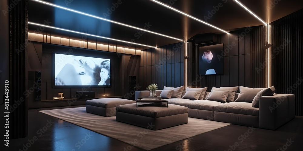 Luxury home theater room with big couch.3d rendering