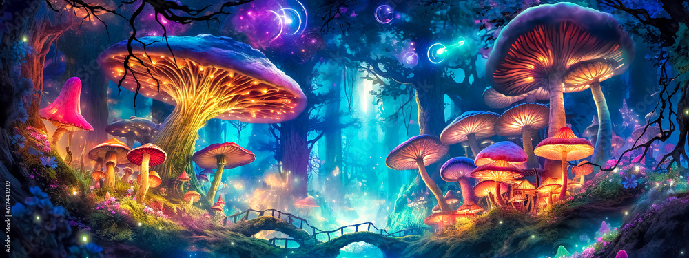 fantastic magical night glowing forest with mushrooms, banner, made with Generative AI
