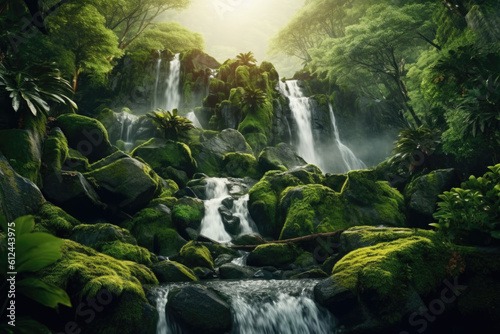 Nature s symphony unfolds as a cascading waterfall gracefully descends  nestled among moss-covered rocks and a lush green canopy. Generative AI 