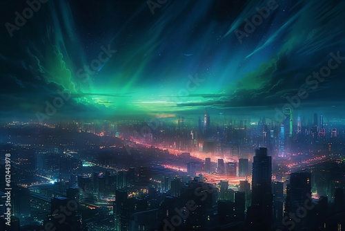 colorful lights over a big city at night created with Generative AI technology