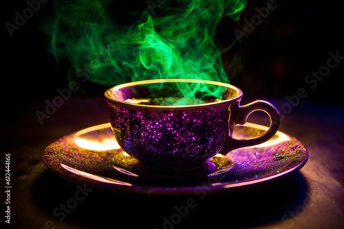 toxic green steam rises from a purple teacup created with Generative AI technology