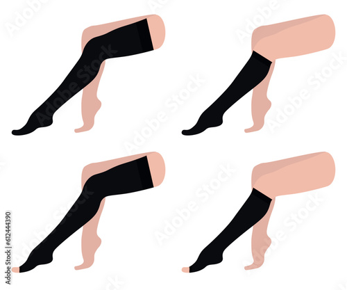 Set of compression stockings, knee-high, socks, open toe. Black color. Female legs sitting with varicose veins. Blood pressure, swelling. Medical underwear for feet. Specialized hosiery for diseases.