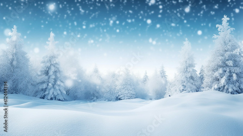 3D rendering of winter landscape with snow covered fir trees and blue sky with falling snowflakes. Merry Christmas Concept.Decoration Christmas Concept. Christmas background.