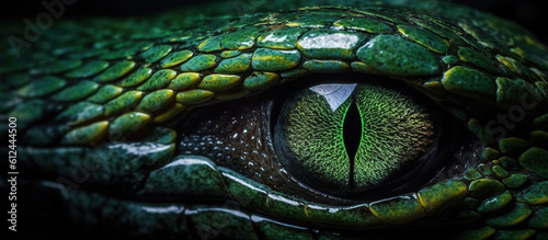 Photo Green snake and eye on black background Generative AI