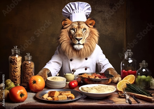 lion dressed as culinary master chef cook . Generative AI photo