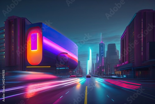 Photo futuristic neon city with billboard at stree (5) photo