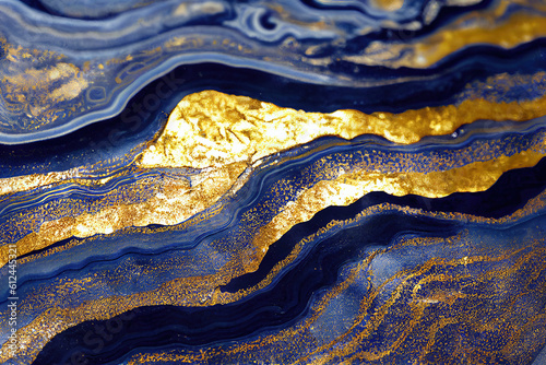 Blue and golden acrylic liquid ink swirl abstract background with ravishing turbulence wavy pattern and detailed texture. Luxury fluid liquid art by Generative AI.