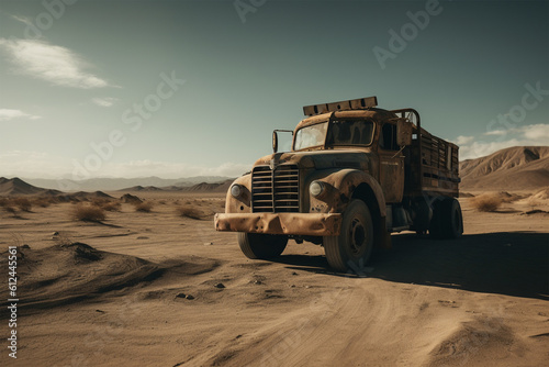 An abandoned old truck in the middle of the desert.Created with generative ai