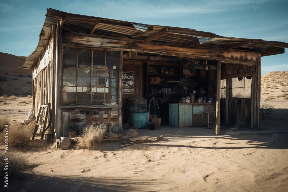 An abandoned shop in the middle of the desert.Created with generative ai An abandoned shop in the middle of the desert.Created with generative ai