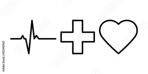 Medical line icons. Heartbeat, heart and cross line style