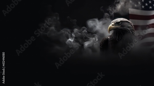 Black banner with american eagle and USA flag in smoke. Generative AI