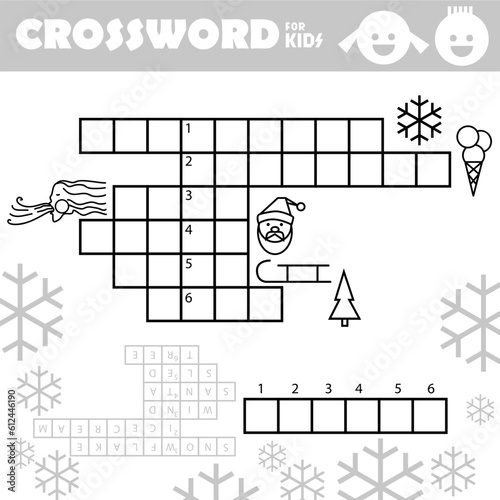 Word search crossword puzzle. Winter. Christmas.  Find and write the words show in the picture. Vector educational activity page for children. Worksheet learning English language