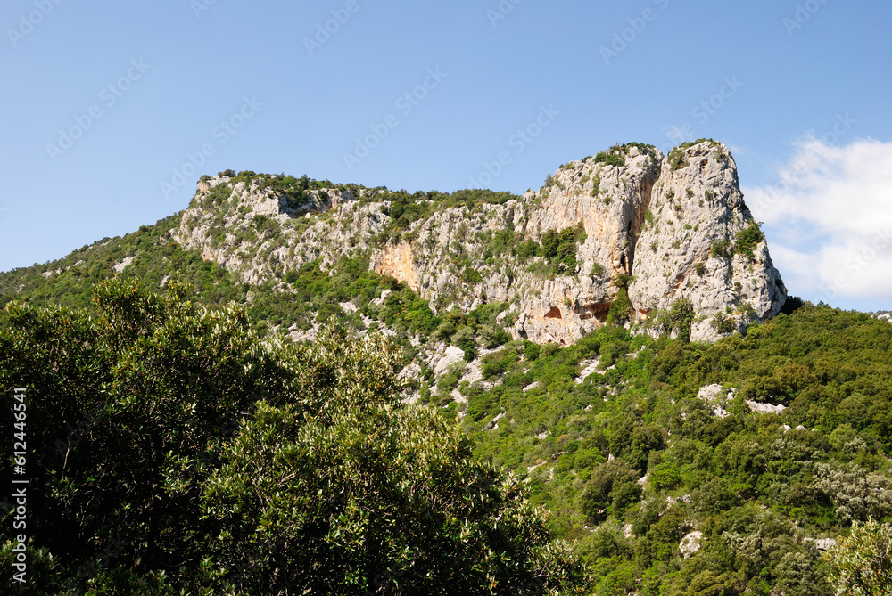 Il sentiero dal cuile Sas Traes al cuile Sos Mojos, veduta del Monte Tiscali 