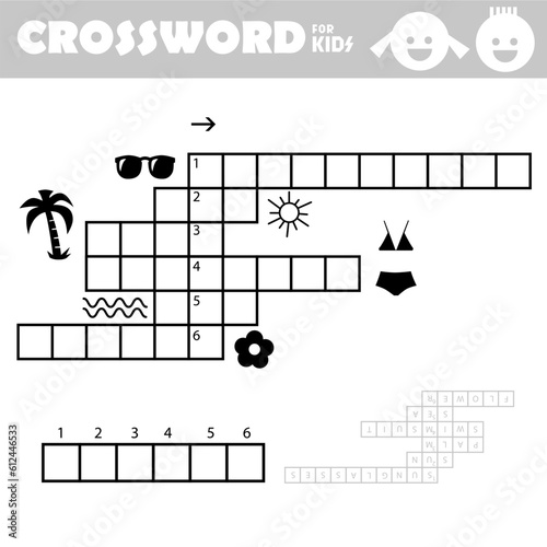 Word search crossword puzzle. Summer. Find and write the words show in the picture. Travel, Holiday. Vector educational activity page for children. Worksheet learning English language