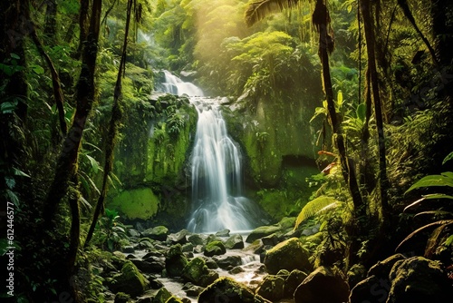 beautiful waterfall in rainforest created with Generative AI technology