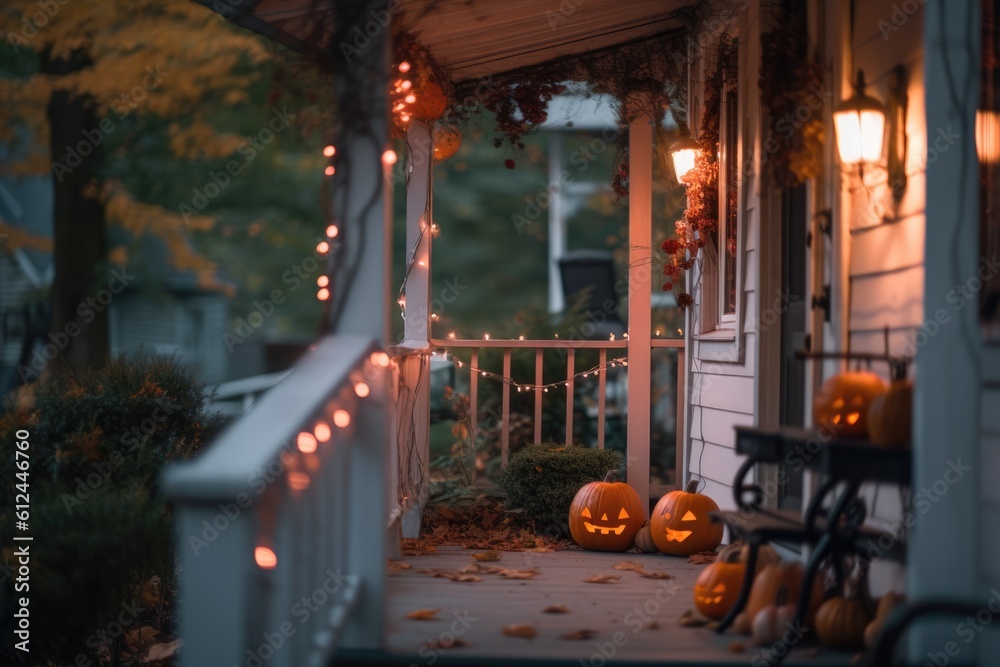Halloween decoration in house porch and backyard
