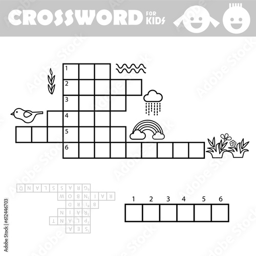 Word search crossword puzzle. Spring. Find and write the words show in the picture. Vector educational activity page for children. Worksheet learning English language