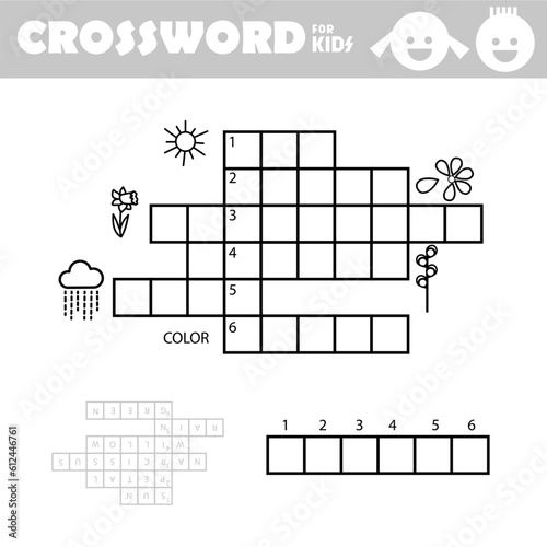 Word search crossword puzzle. Spring. Find and write the words show in the picture. Vector educational activity page for children. Worksheet learning English language