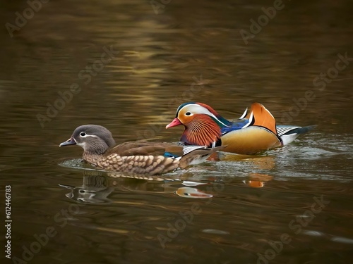 Beautiful shot of two Mandarin ducks (Aix galericulata) swimming together in a pond