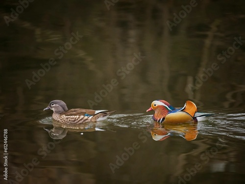 Bild auf Leinwand Beautiful shot of two Mandarin ducks (Aix galericulata) swimming together in a p