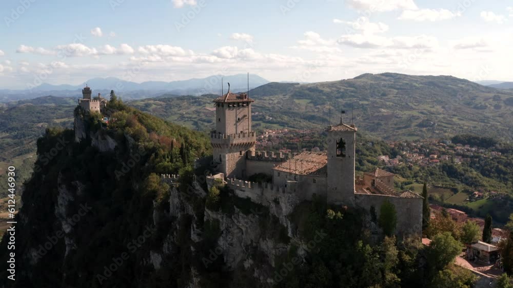 Aerial view of Republic of San Marino with Fortress Towers and Parliament. Dwarf state of Europe Aerial view of Republic of San Marino with Fortress Towers and Parliament. Dwarf state of Europe