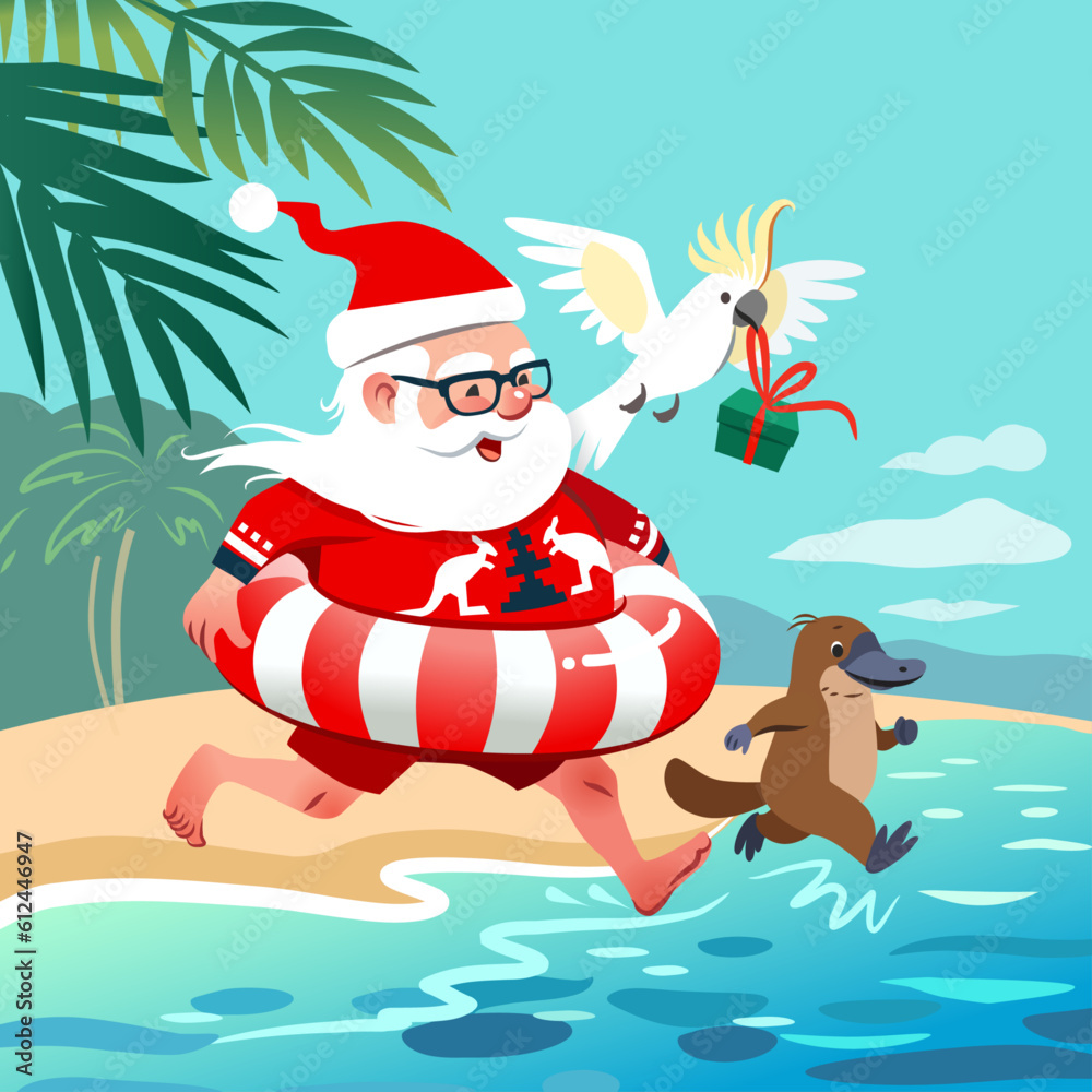 Santa Claus on a sandy beach in Australia with platypus and cockatoo ...