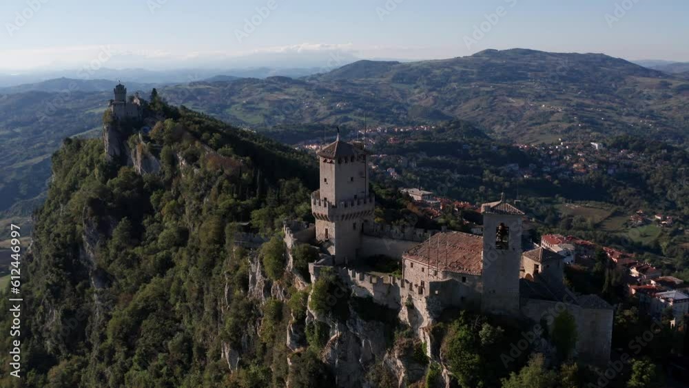 Aerial view of Republic of San Marino with Fortress Towers and Parliament. Dwarf state of Europe