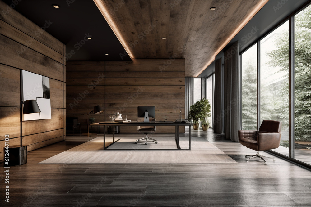 an office with wood desks and glass walls, in the style of high detailed, grey academia, wood, photo-realistic landscapes, vintage minimalism, light silver and light brown