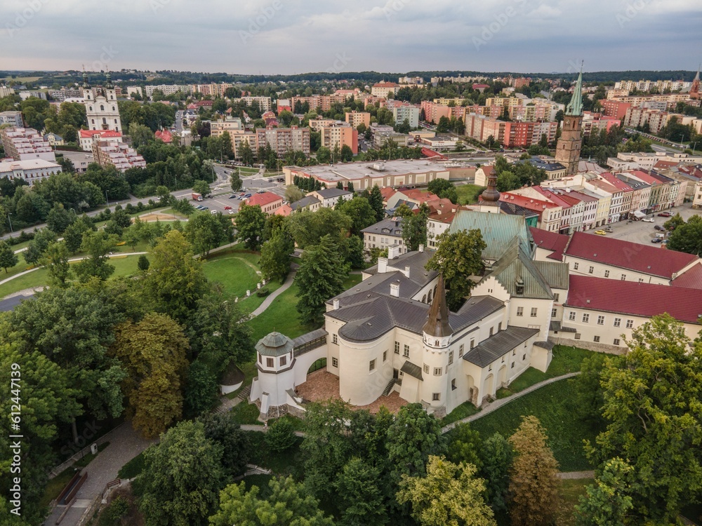 Aerial view of a city castle with park