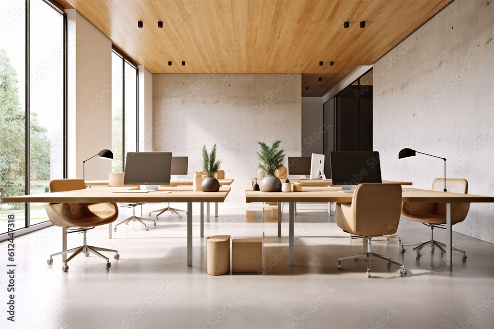 an office with wood desks and glass walls, in the style of high detailed, grey academia, wood, photo-realistic landscapes, vintage minimalism, light silver and light brown