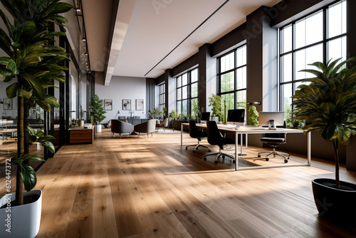 an office with wood desks and glass walls  in the style of high detailed  grey academia  wood  photo-realistic landscapes  vintage minimalism  light silver and light brown